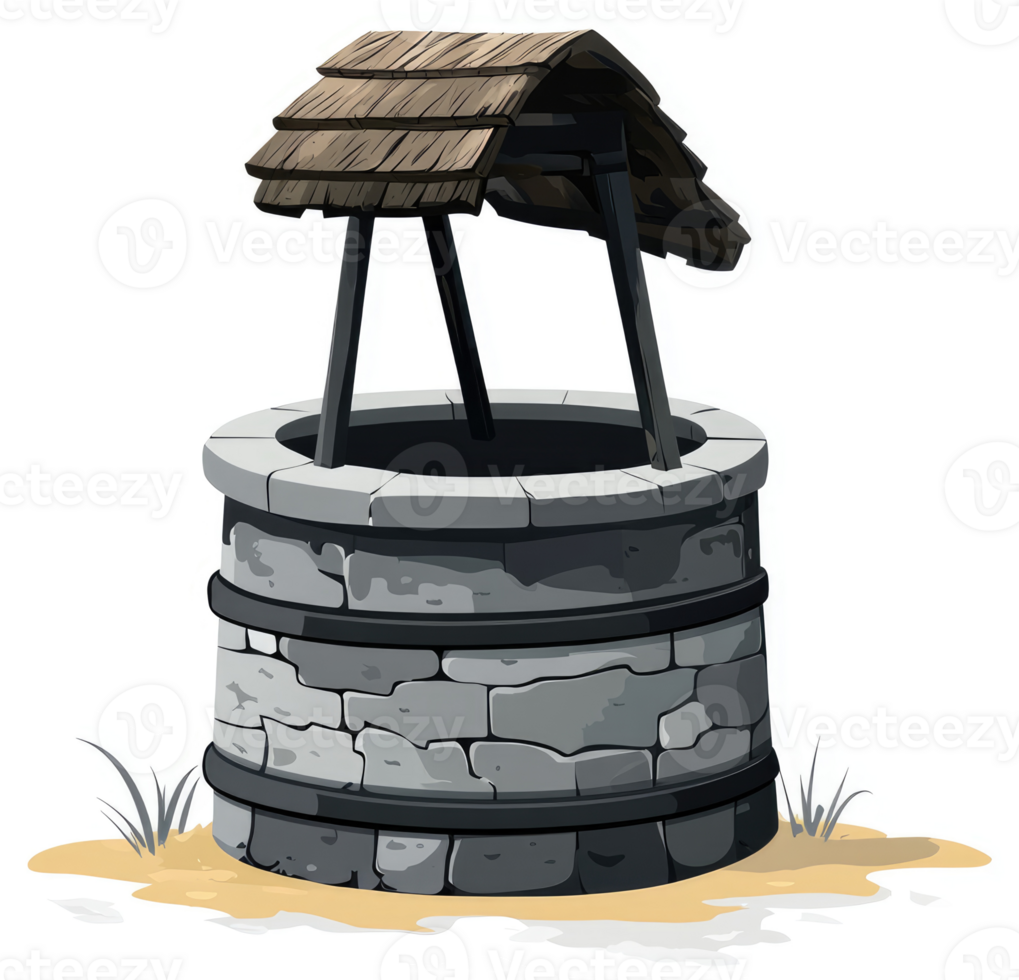 A vintage, stone-built well with a thatched roof. png