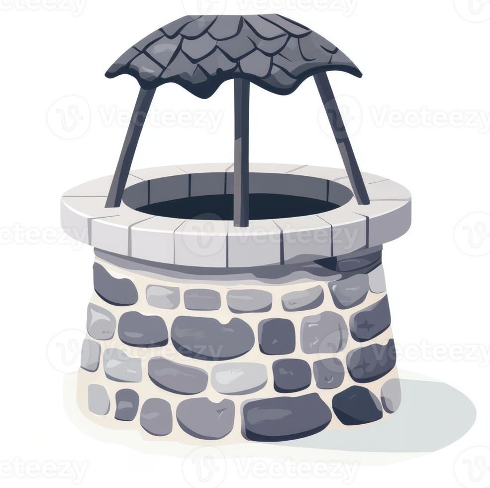 A vintage well with a rustic stone structure and protective cover. png