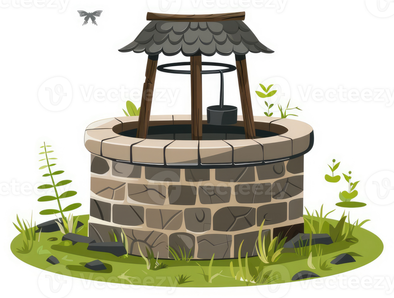 A charming illustration of a stone well with a wooden cover. png
