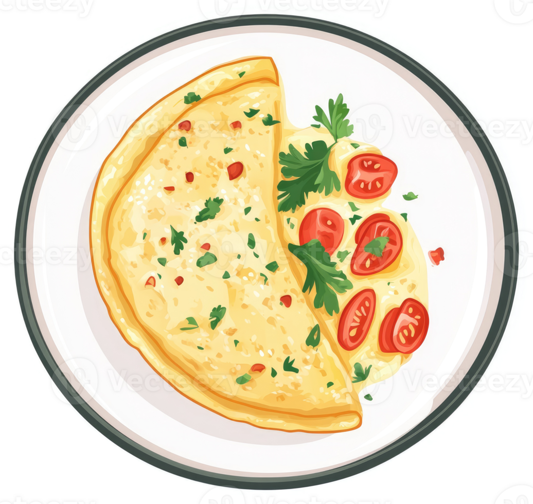 A delicious omelet topped with fresh tomatoes and herbs. png