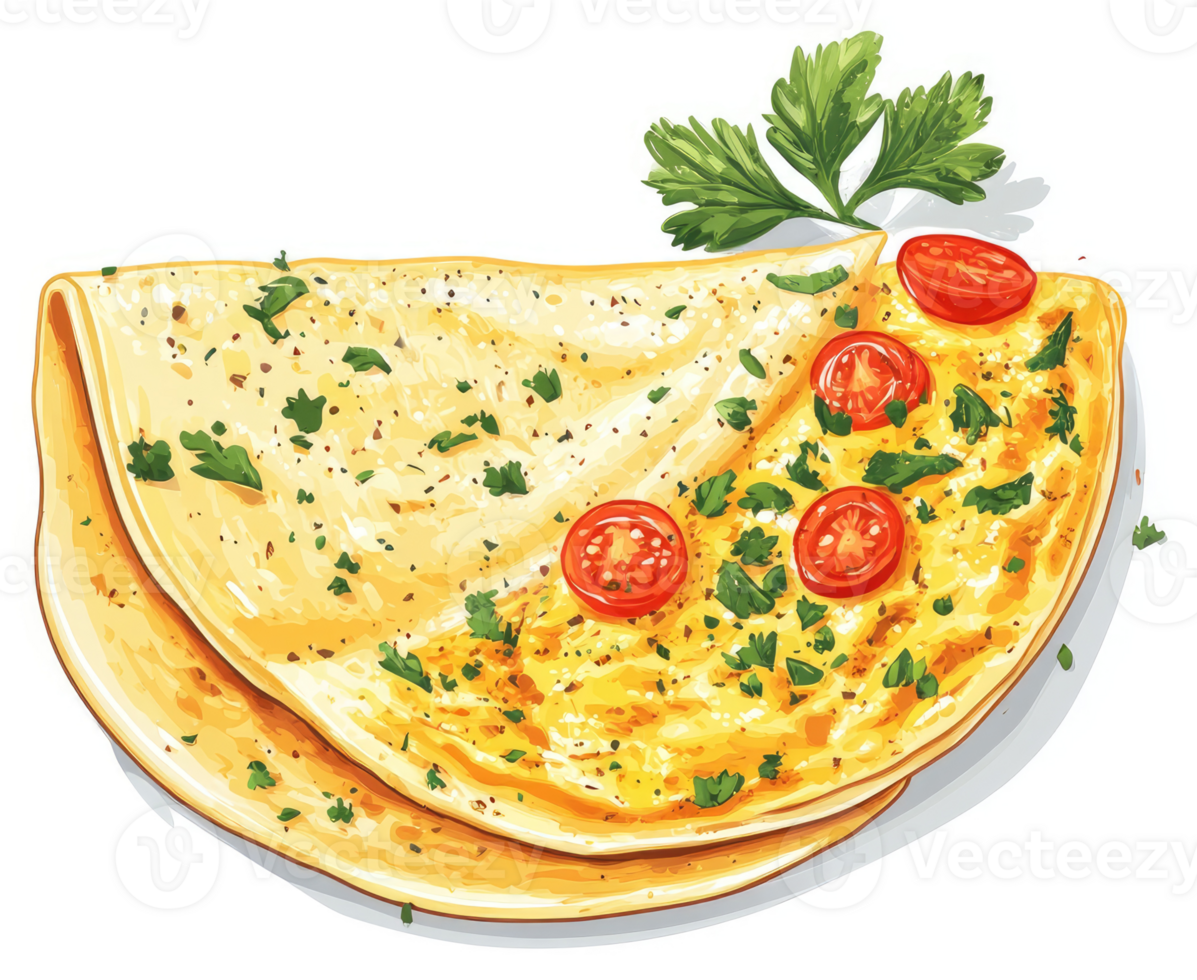 A delicious, golden-yellow, layered omelet topped with cherry tomatoes and fresh herbs. png