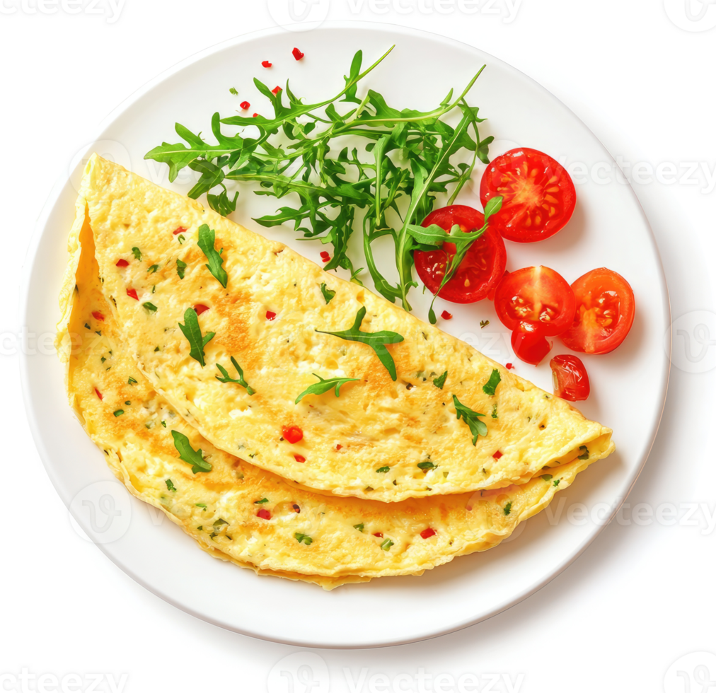 A delicious, savory egg omelet topped with arugula and cherry tomatoes. png