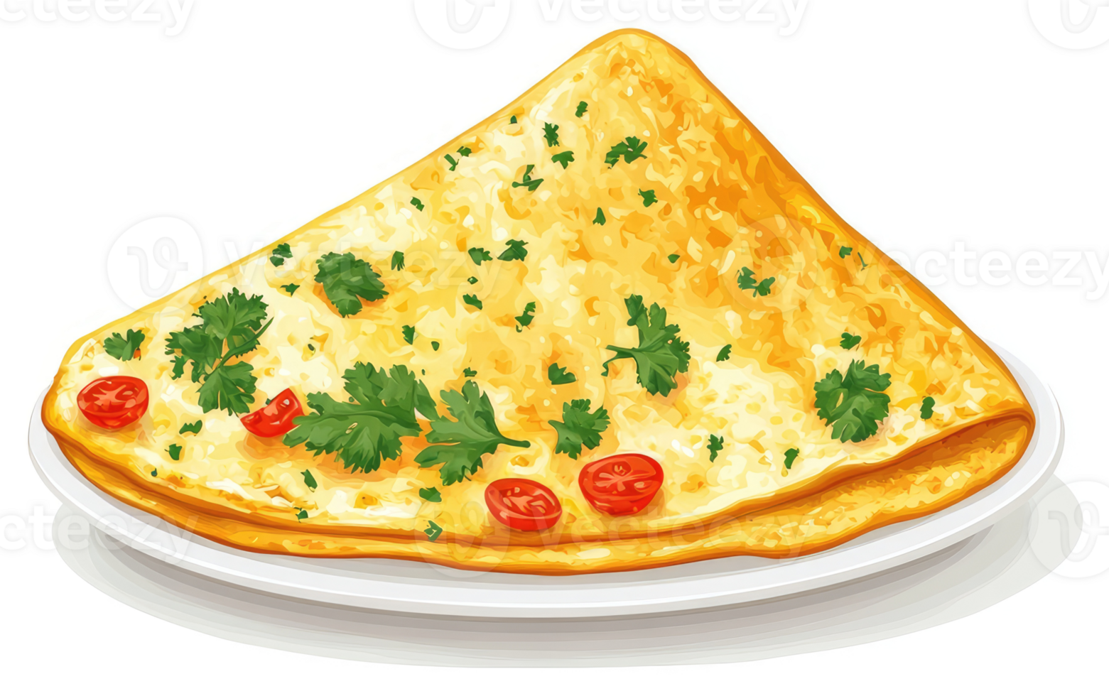 A savory, golden-brown omelet garnished with fresh cilantro and cherry tomatoes. png