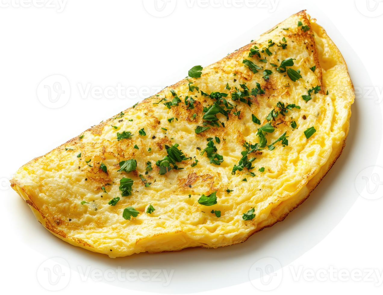 A golden-brown, savory, and delicious omelet garnished with fresh herbs. png