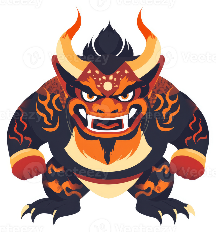 A fierce, tattooed demon with fiery designs. png