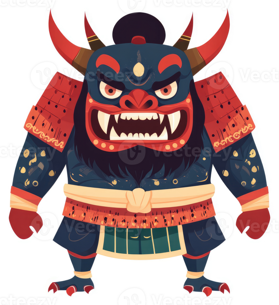 A fierce, stylized depiction of a Japanese oni warrior. png