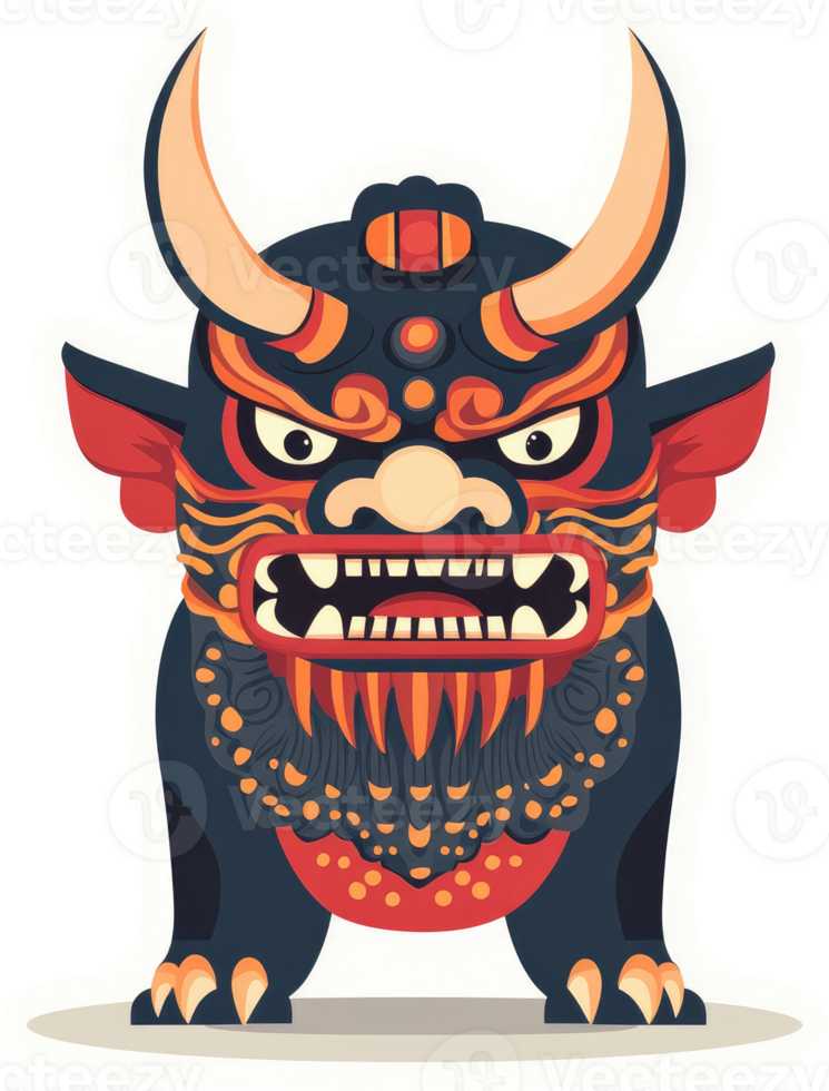 A vibrant illustration of a ferocious asian guardian lion. png