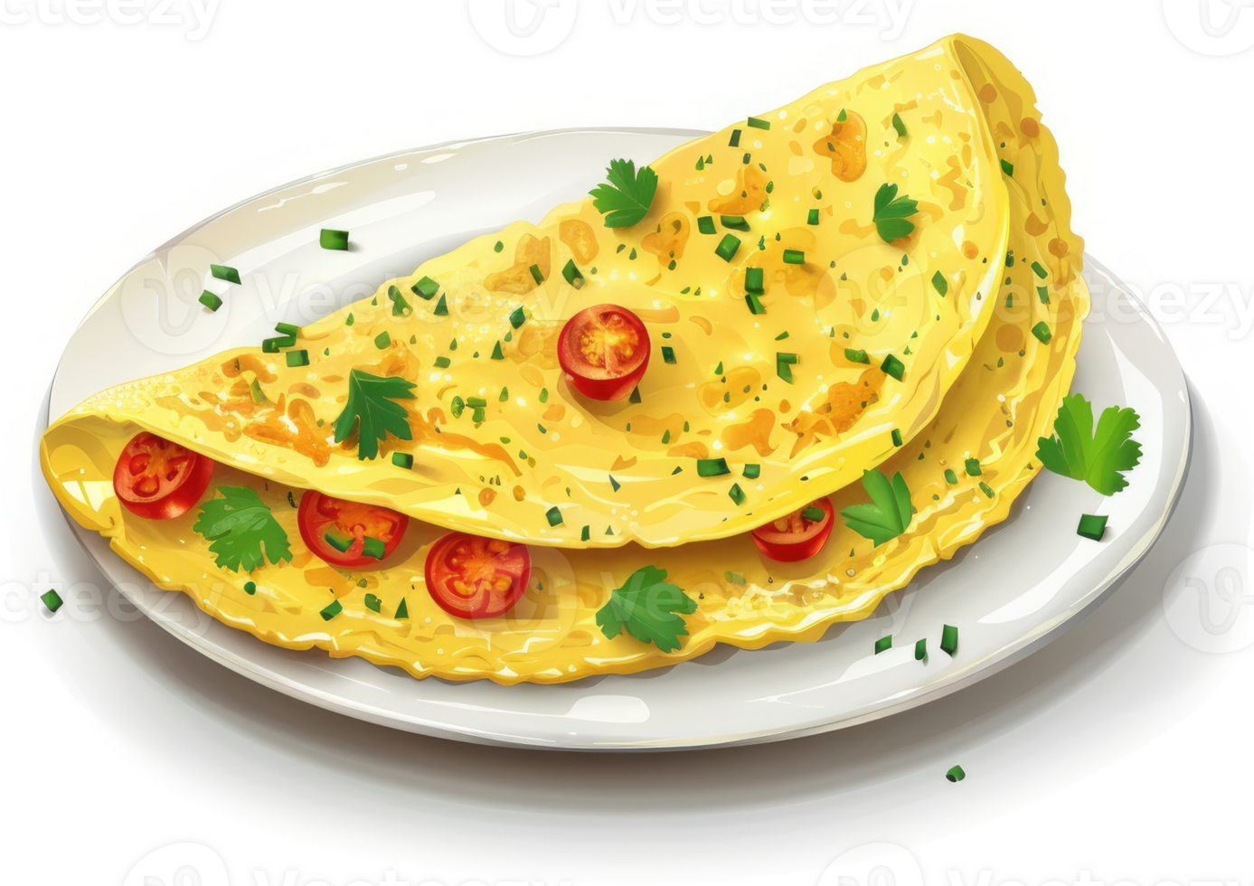 A savory omelet with toppings of cherry tomatoes, parsley, and chives. png
