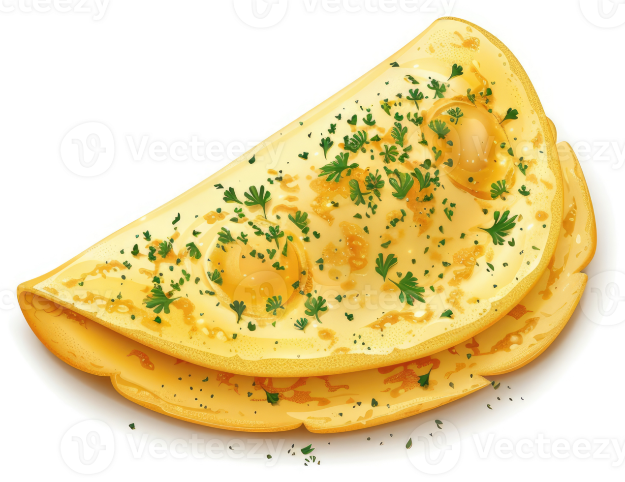 A golden, savory, and delicious slice of omelet topped with fresh herbs. png