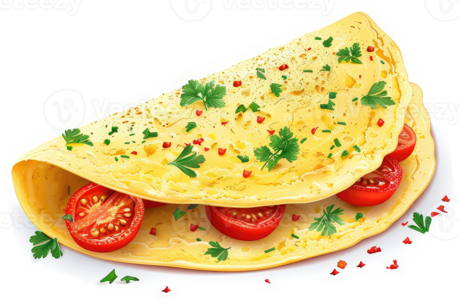 A savory omelet topped with fresh parsley and sliced tomatoes. png