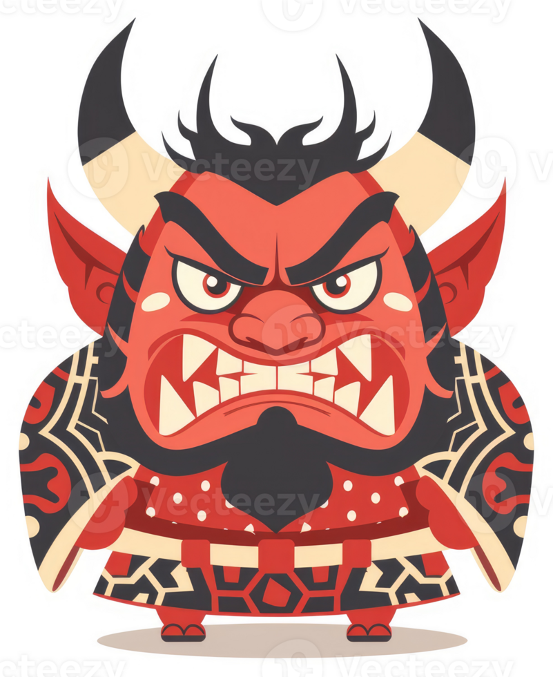 A fierce cartoon depiction of a Japanese oni, showcasing a menacing expression and traditional attire. png