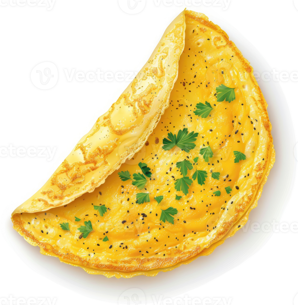 A golden, savory, folded omelet topped with fresh herbs and spices. png