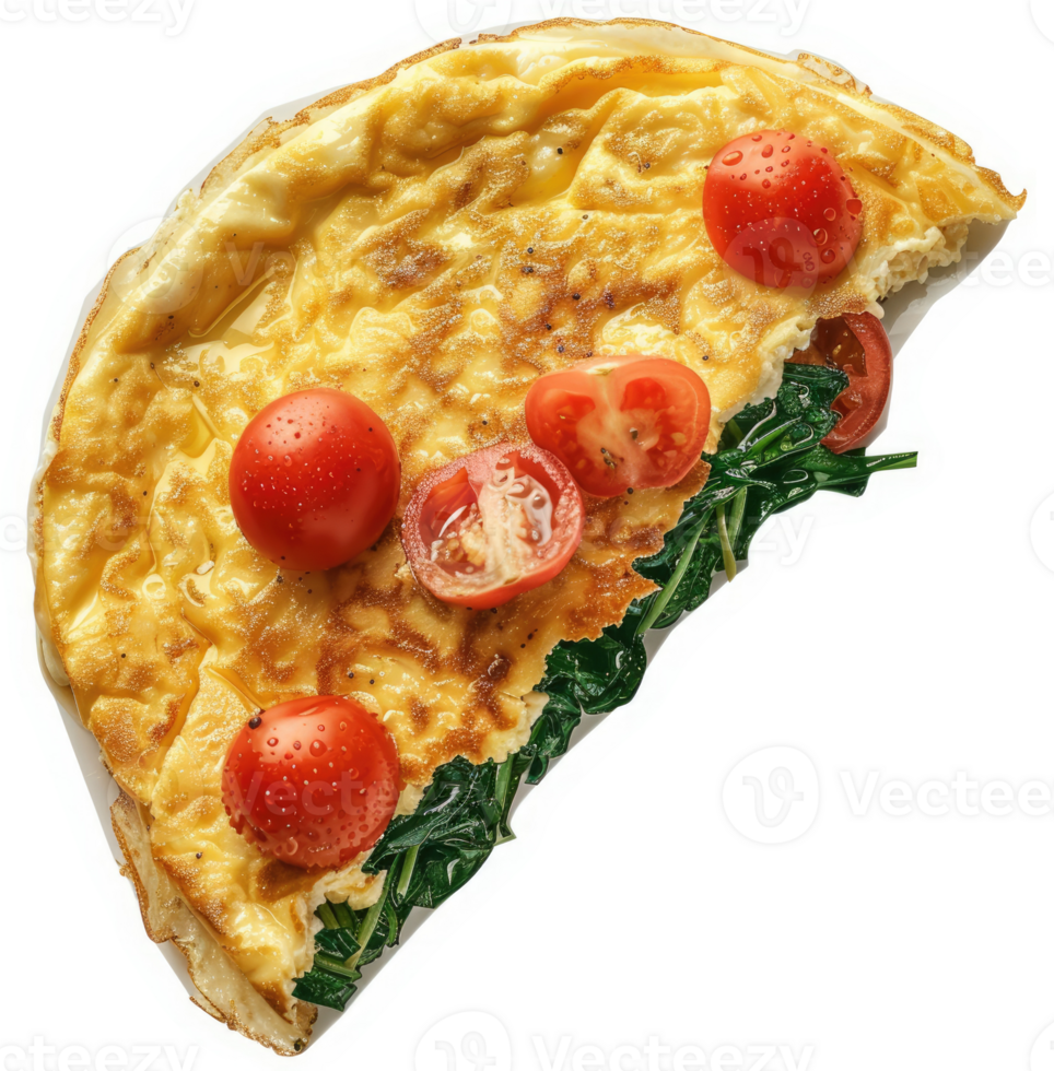 A delicious and healthy breakfast omelet topped with fresh cherry tomatoes and spinach. png