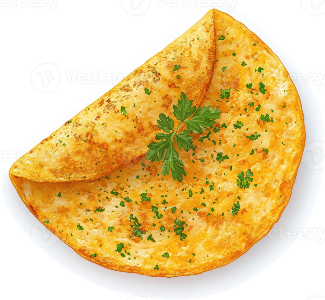 A golden-brown, savory, and delicious omelet topped with fresh parsley. png