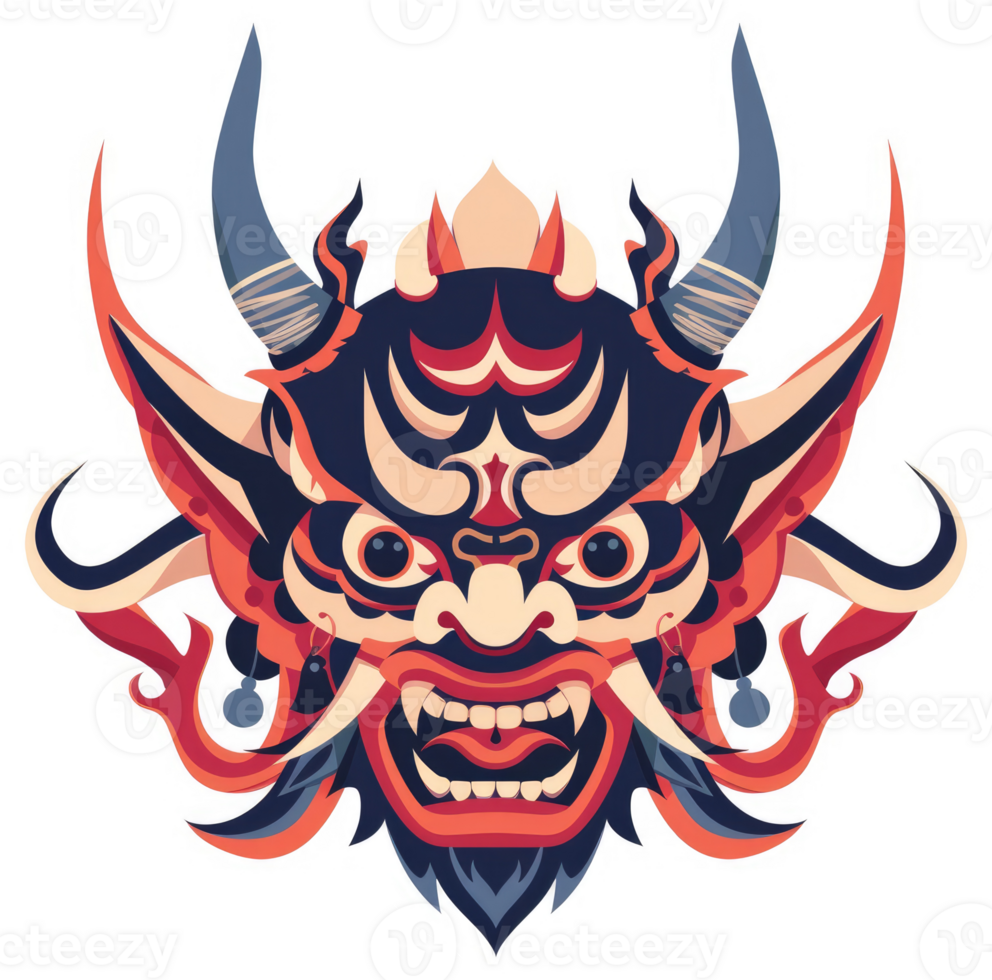 A vibrant illustration of a stylized demon mask with intricate details. png
