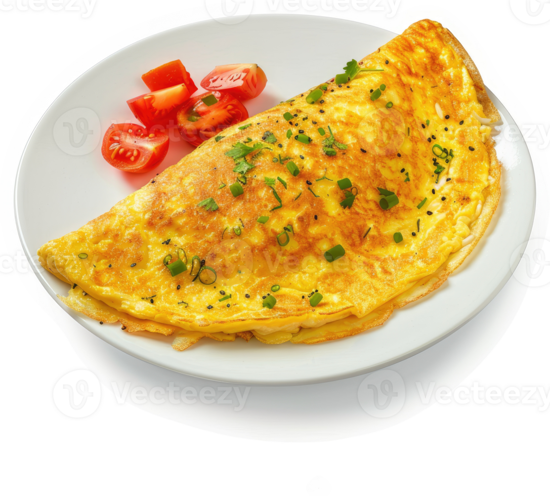 A golden, savory omelet with fresh toppings. png