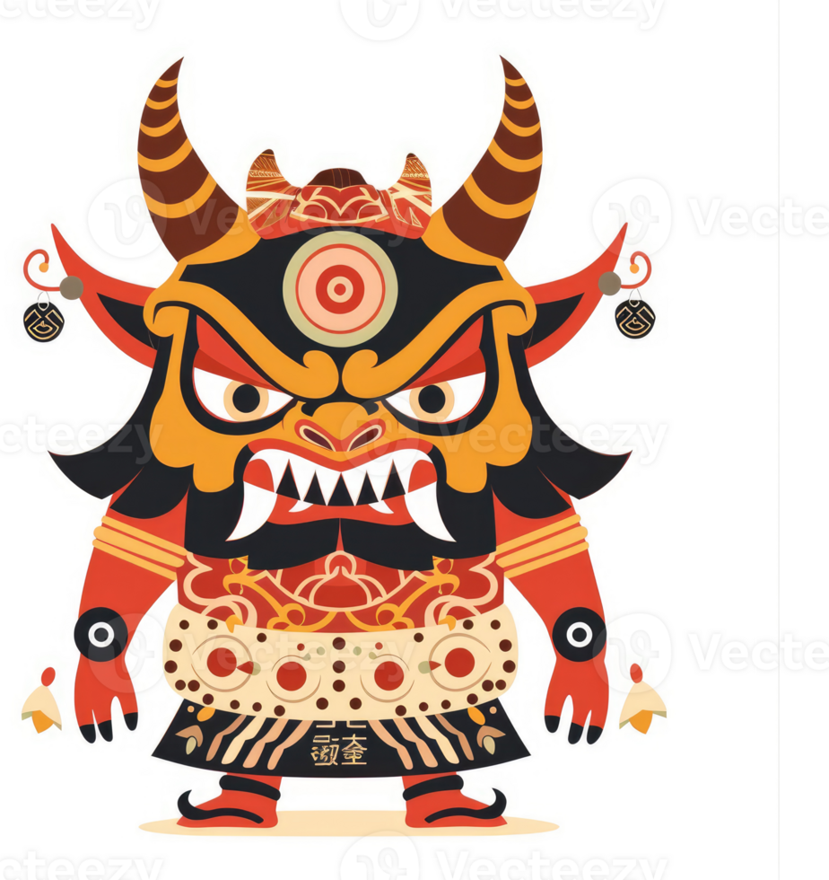 A stylized illustration of a fierce, decorative demon. png