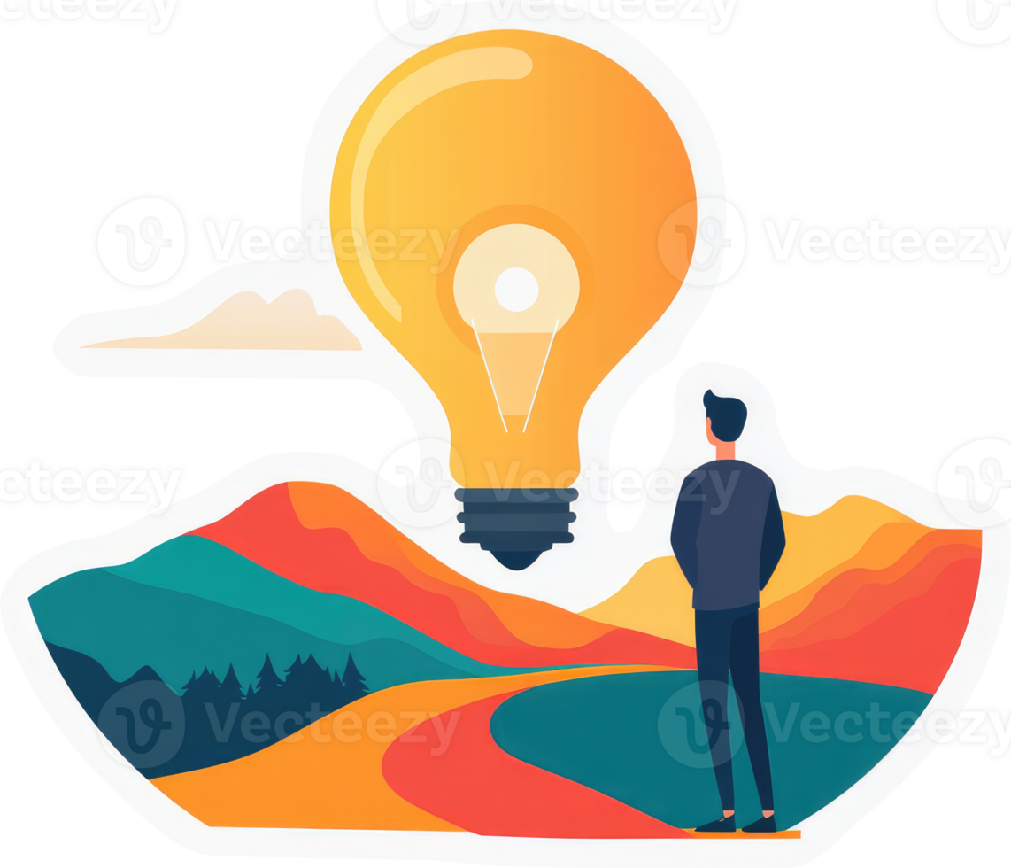 A person contemplating innovative ideas amidst a picturesque landscape, illuminated by a large lightbulb. png