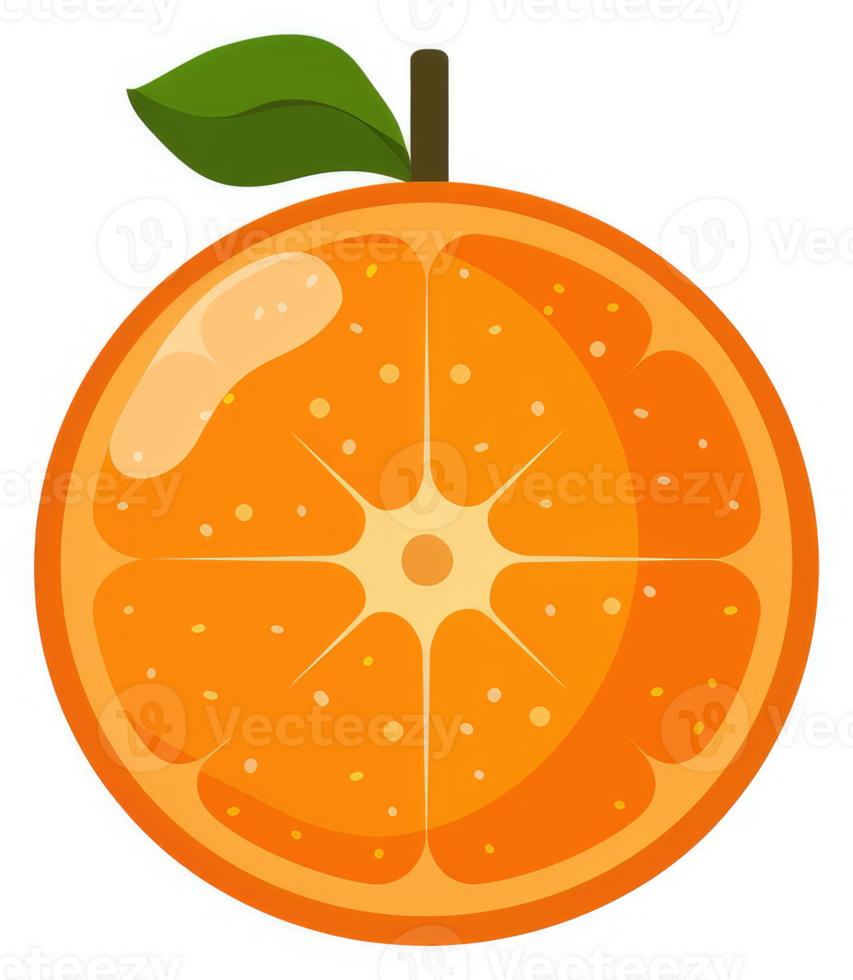 A vibrant orange slice with a stem and leaves. png