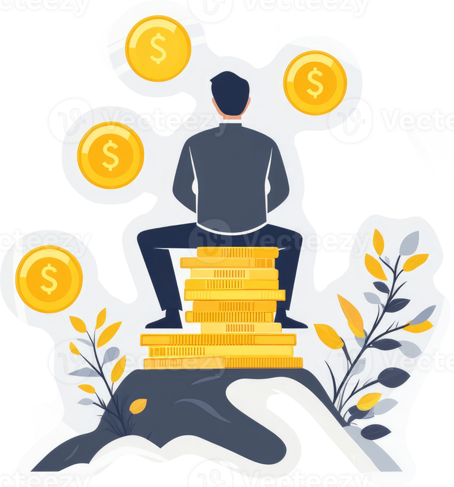 A businessman sits atop a mountain of gold coins, surrounded by money symbols. png