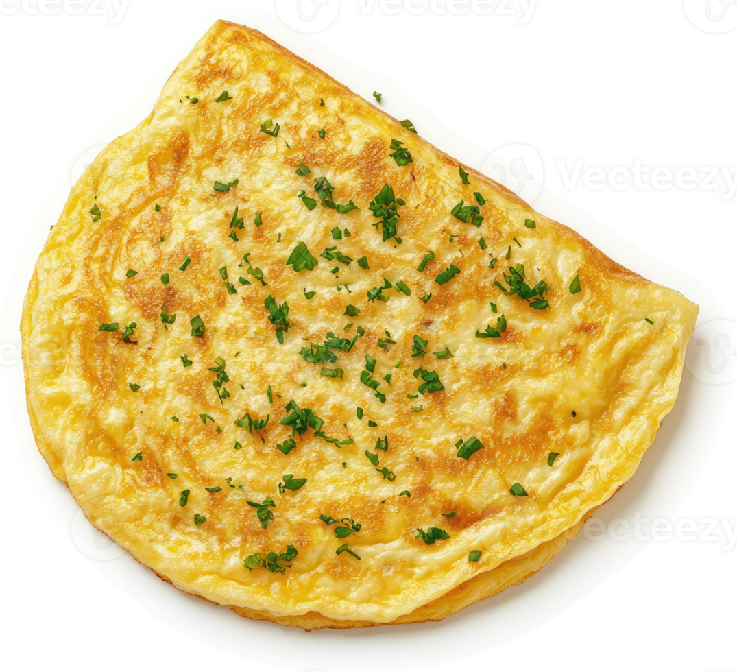 A golden-brown, savory omelet topped with fresh herbs. png