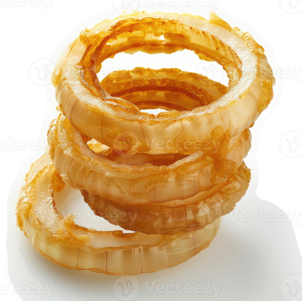 Golden brown, crispy onion rings stacked high. png