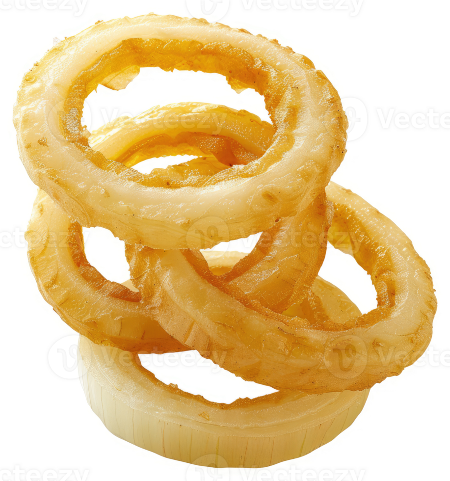Golden brown onion rings stacked high, ready to be enjoyed. png