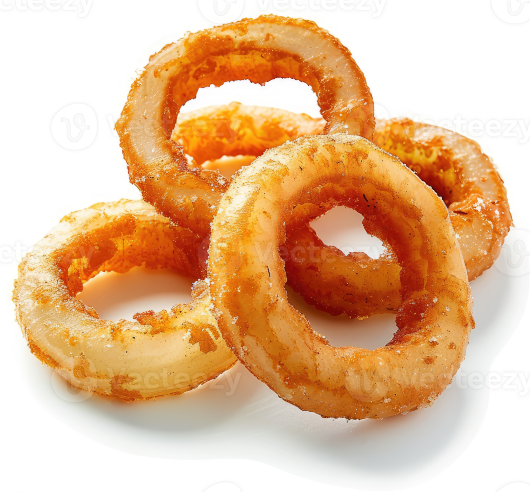 Golden brown onion rings stacked high. png