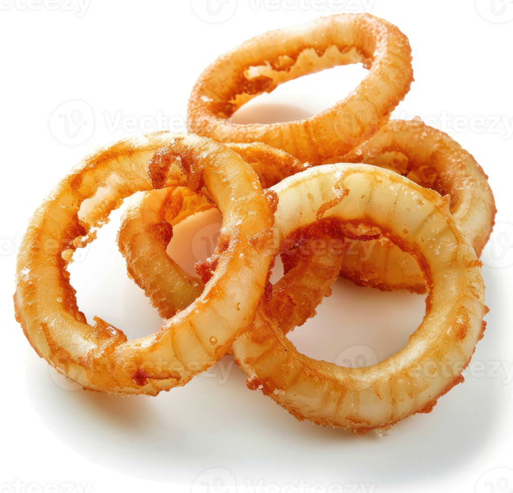 Crispy golden onion rings piled high. png