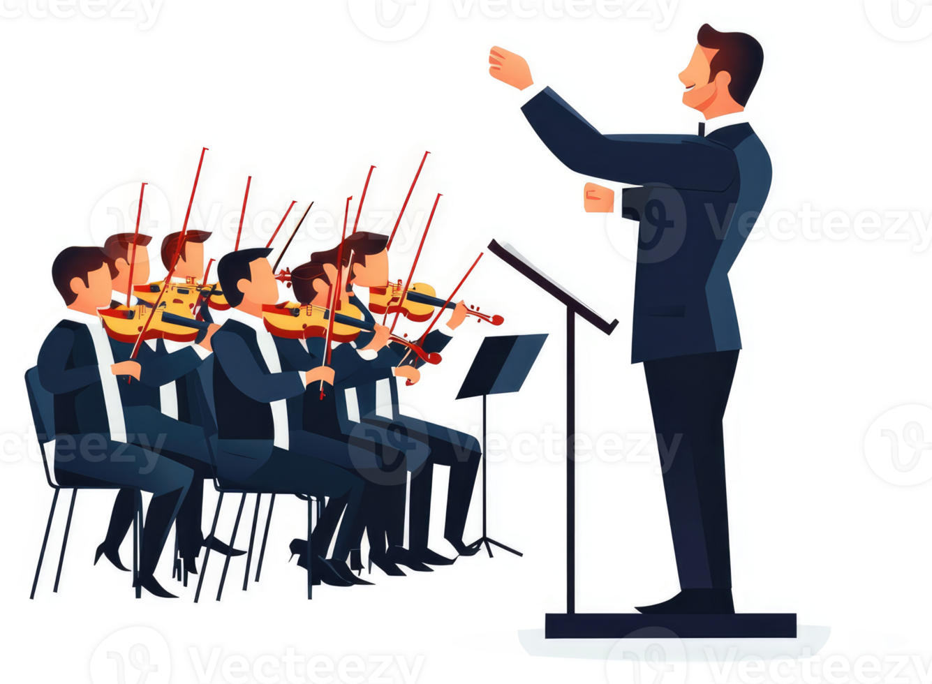 An orchestra conductor leading a string ensemble in performance. png