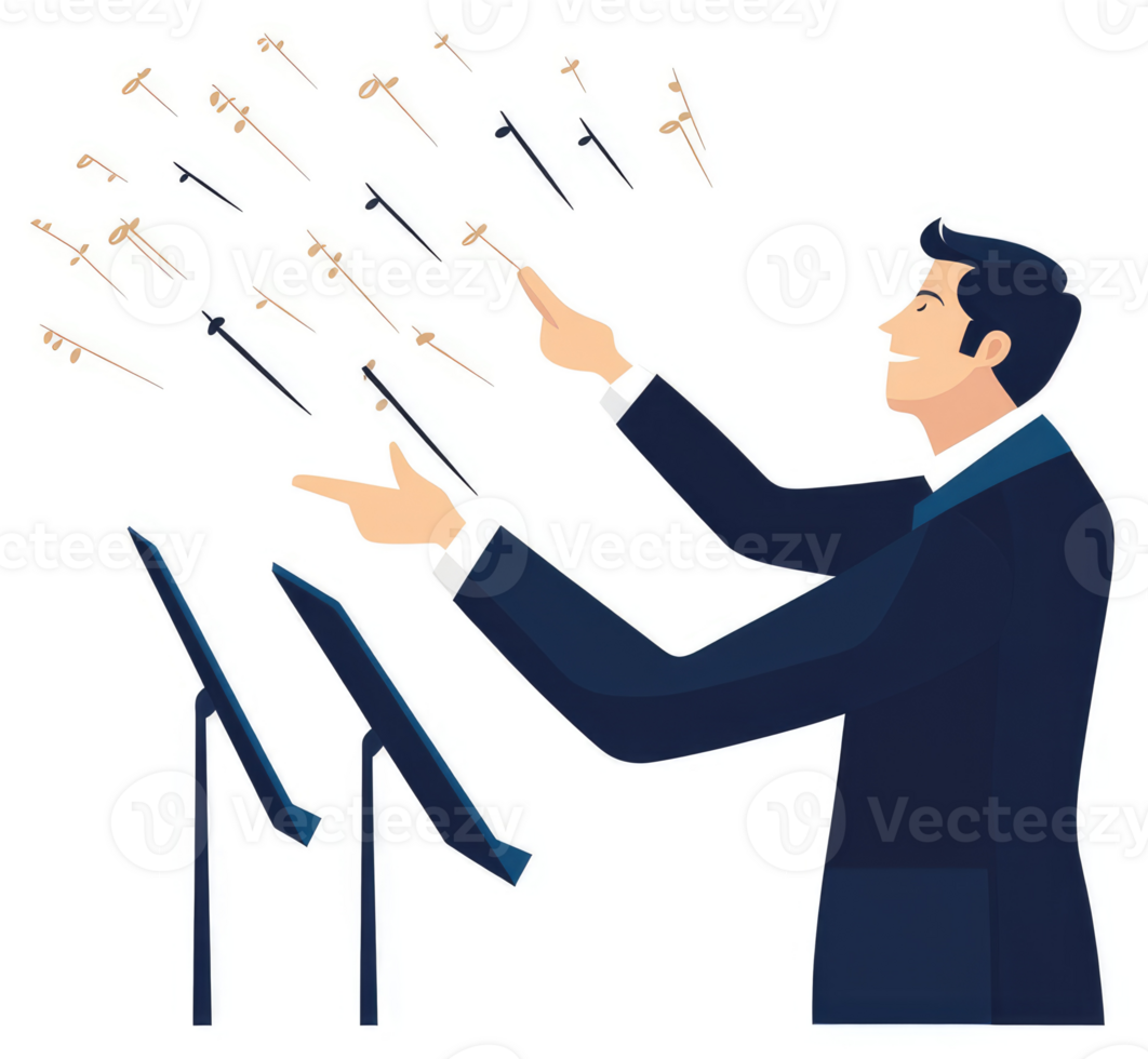 A conductor leading an orchestra with musical scores. png