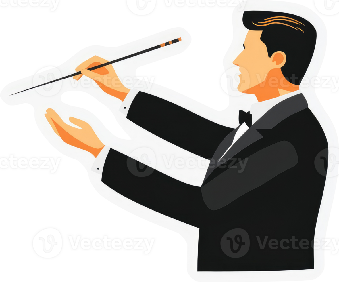 A conductor leading an orchestra with expressive gestures. png