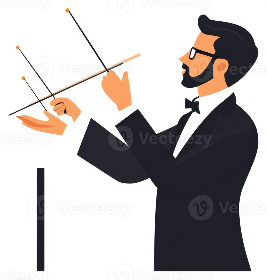 A conductor leading an orchestra with a baton. png