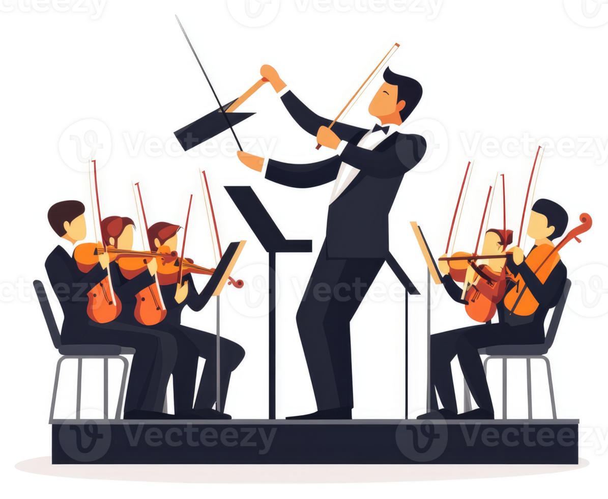 An orchestra conductor leading a string ensemble performance. png