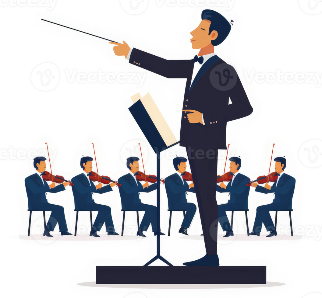 An orchestra conductor leading a string section in performance. png