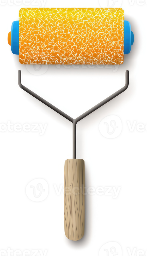 A depiction of an orange paint roller with a wooden handle. png