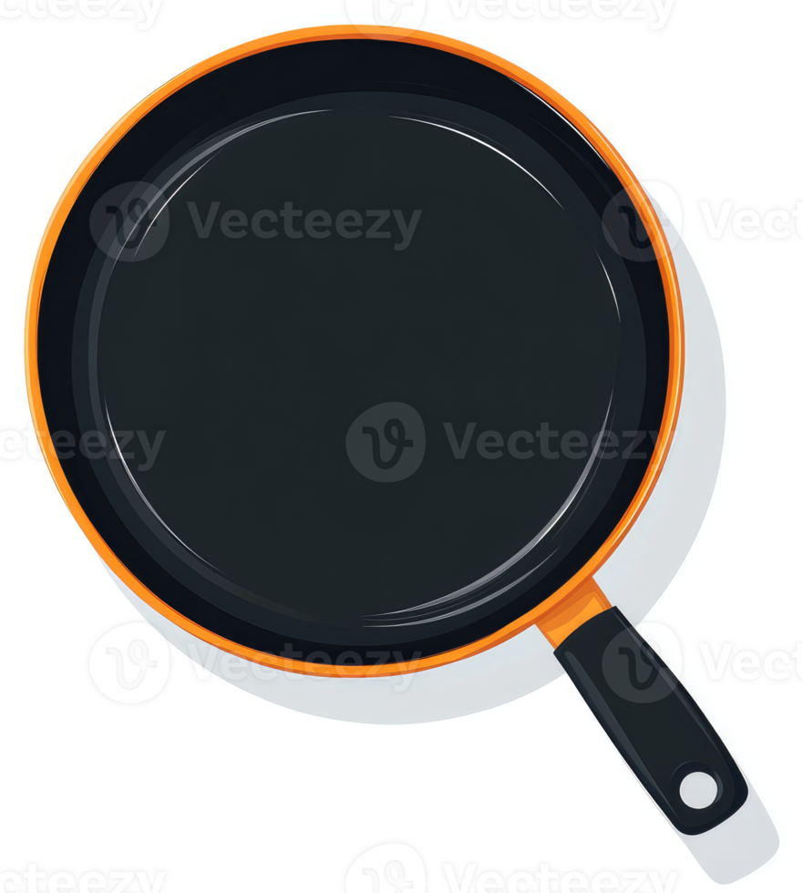 An overhead view of an orange-rimmed black frying pan. png