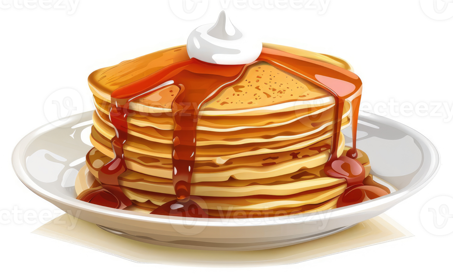 A stack of golden brown pancakes drizzled with syrup and topped with whipped cream. png
