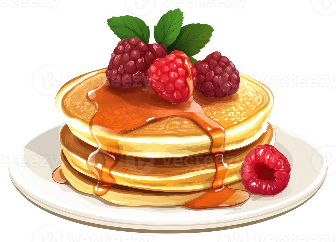 A stack of golden pancakes topped with fresh raspberries and drizzled with maple syrup. png