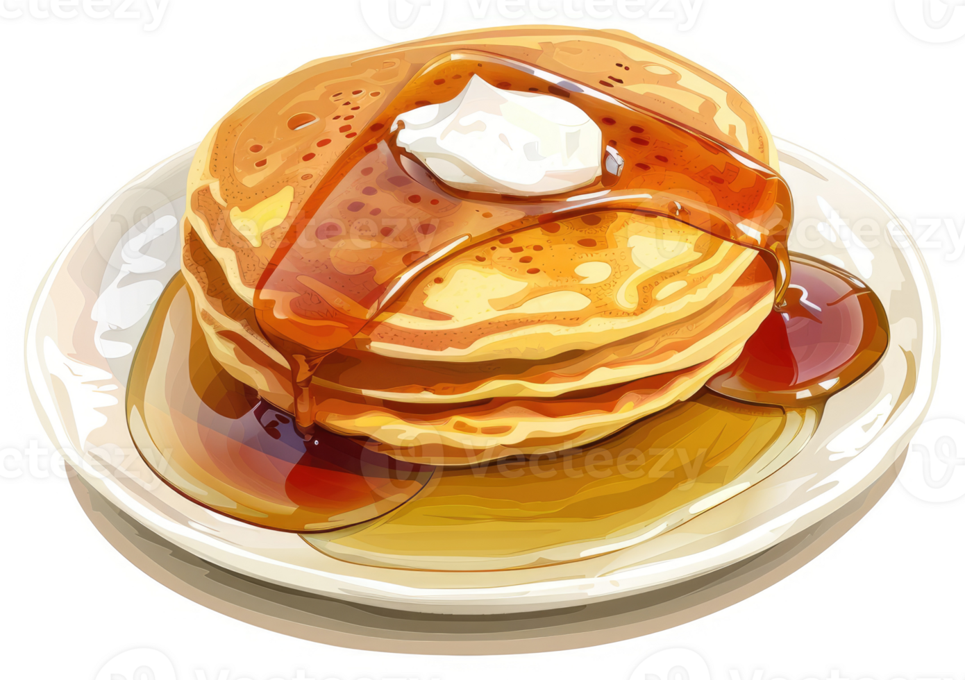 A stack of golden pancakes drizzled with syrup and topped with butter. png