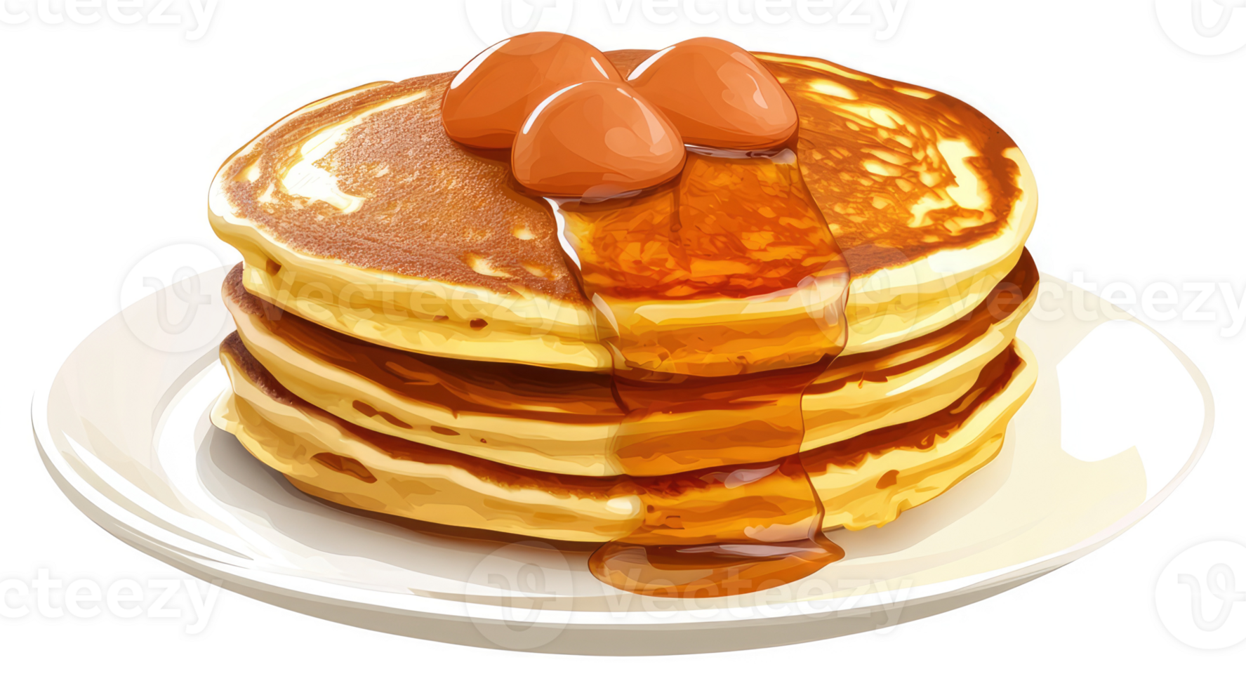 A stack of golden pancakes drizzled with syrup and topped with fruit. png