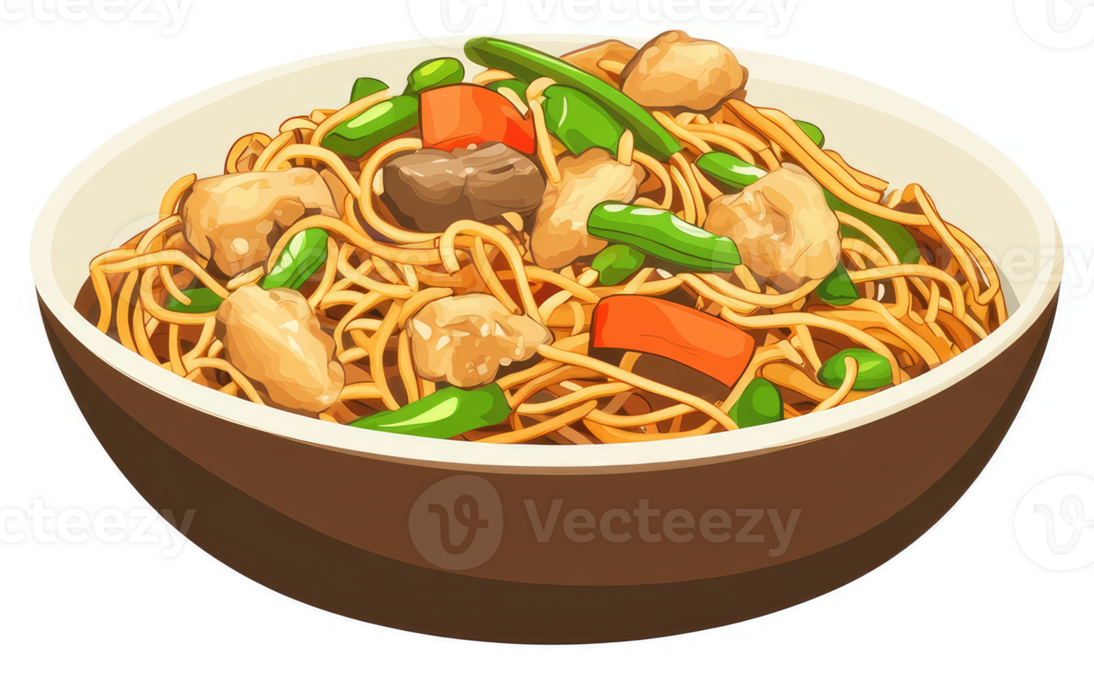 A bowl of flavorful chicken and vegetable stir-fried noodles. png