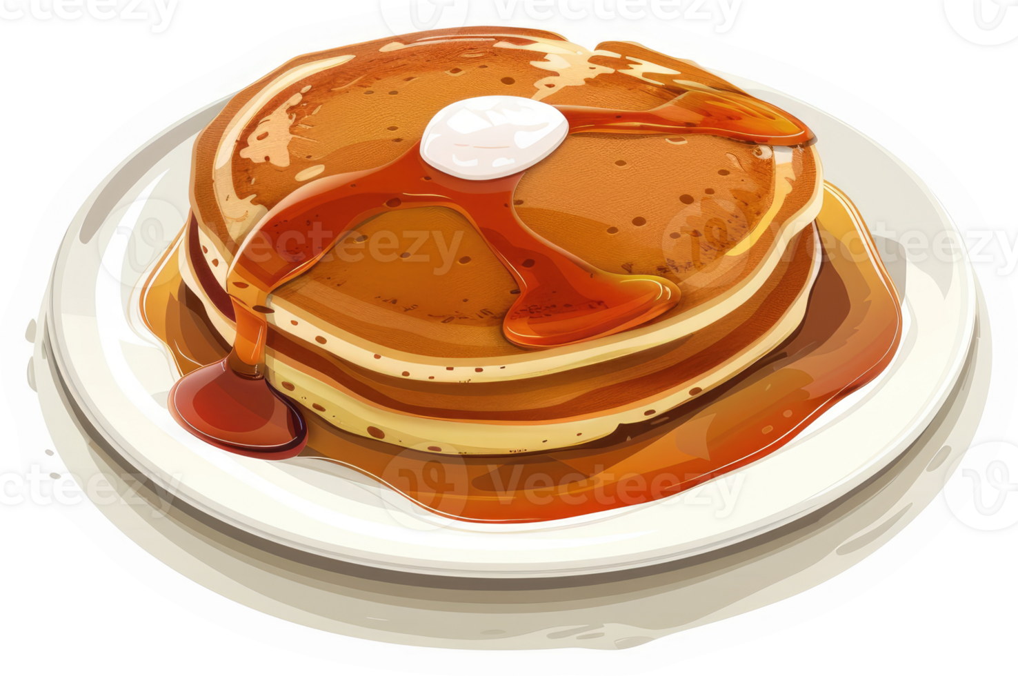 A stack of fluffy pancakes topped with butter and syrup. png