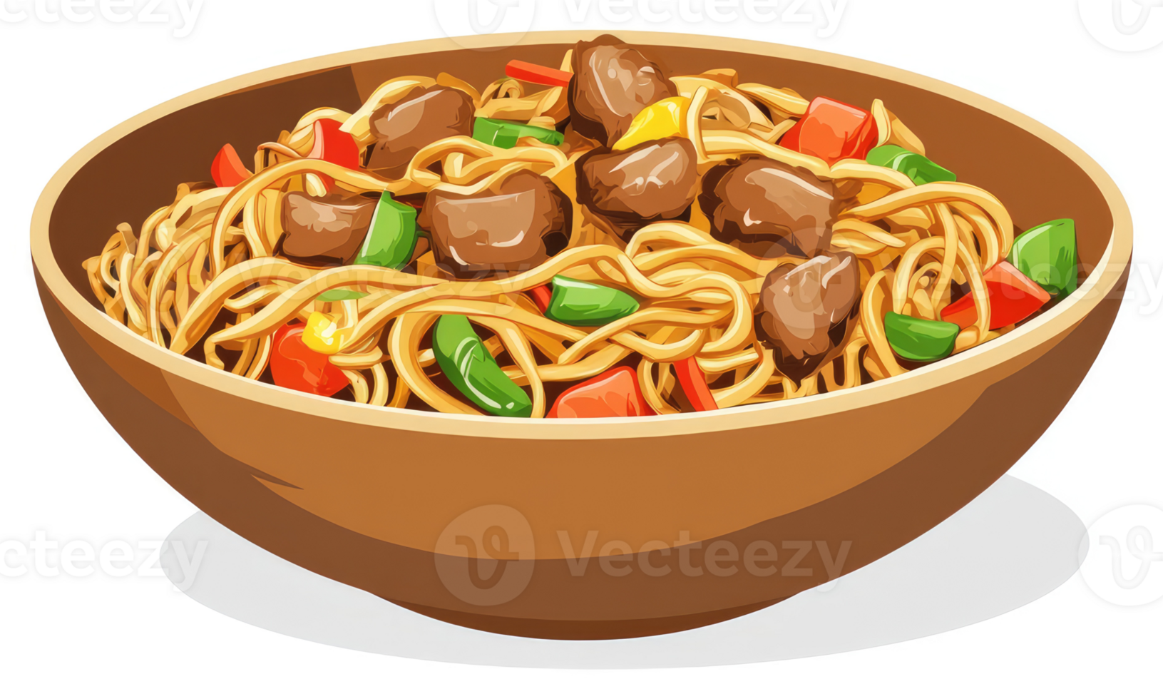 A hearty bowl of stir-fried noodles with beef and vegetables. png