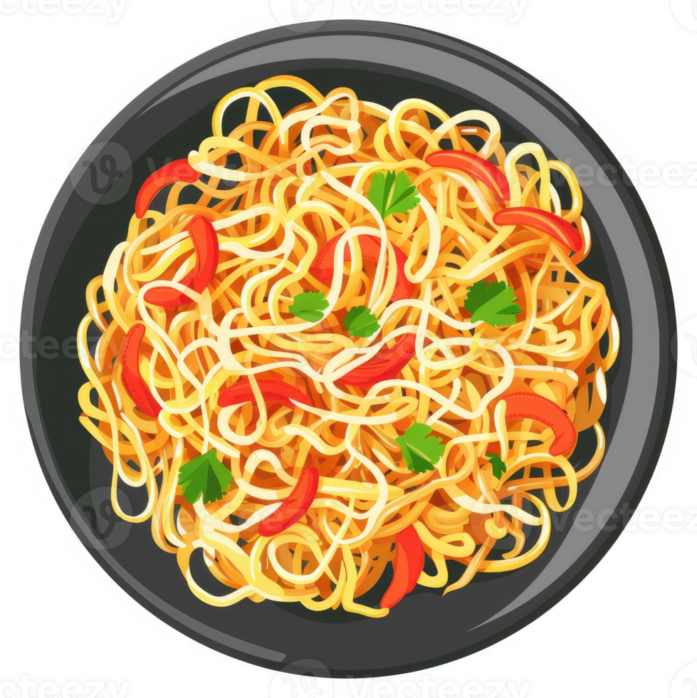 Stir-fried noodles with red bell peppers and cilantro in a dark plate. png