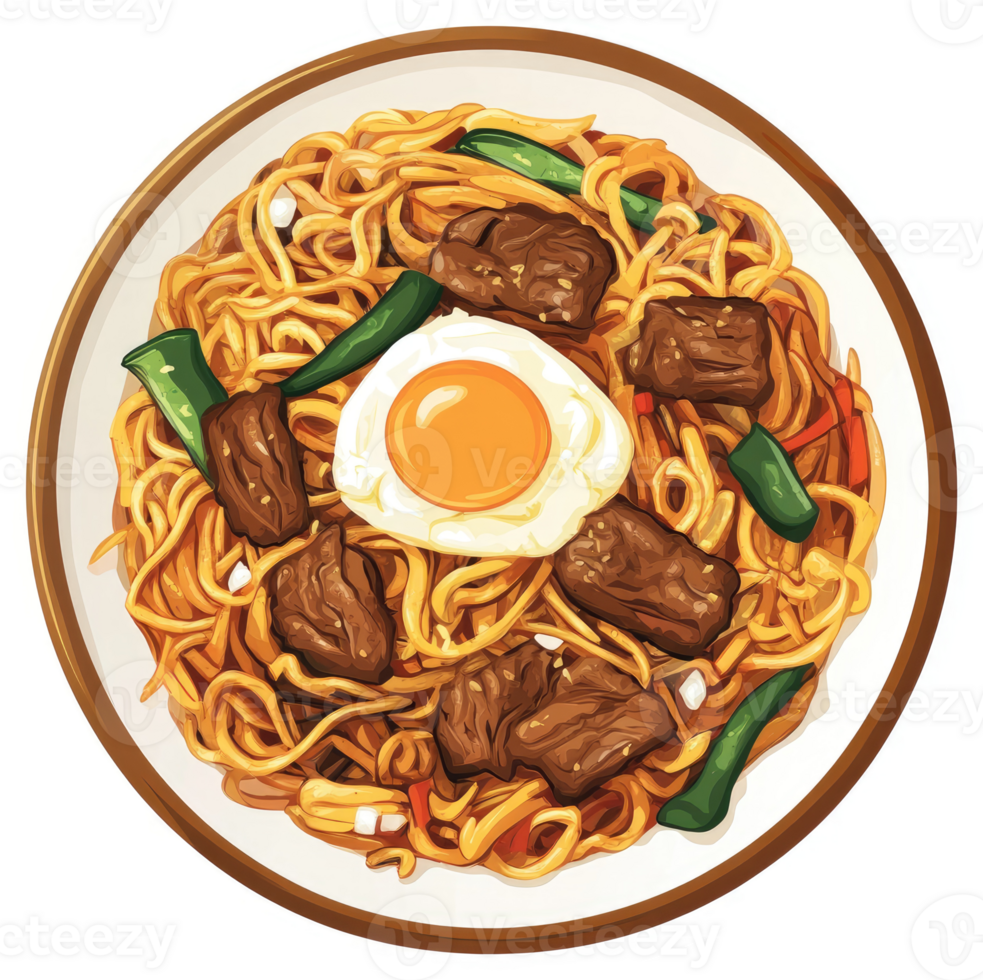Beef and egg noodle dish on a plate. png