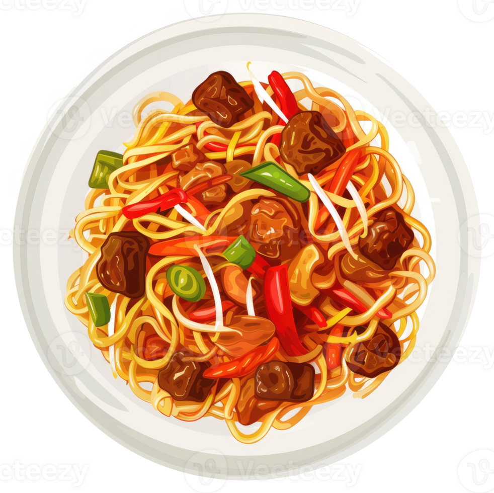 A plate of savory beef chow mein noodles. png