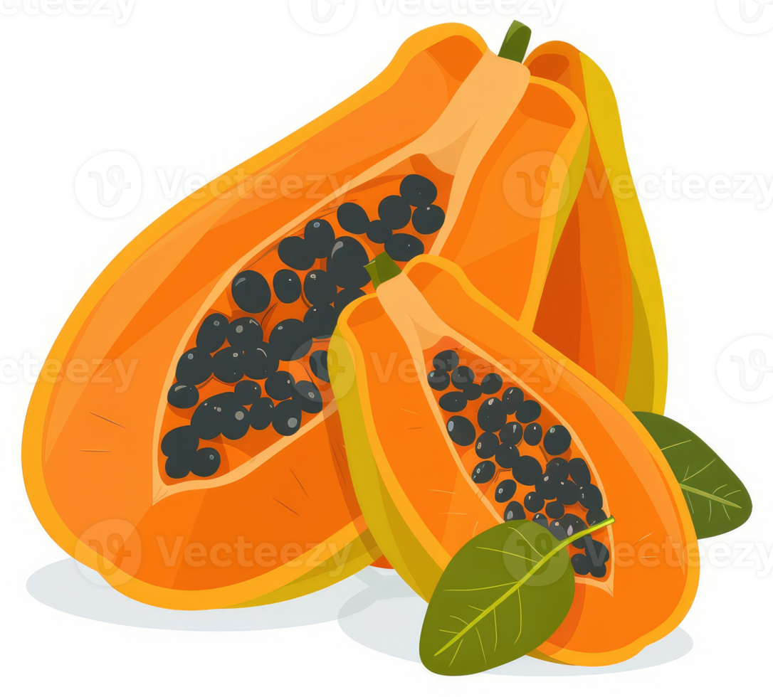 Fresh papaya slices with seeds and leaves. png