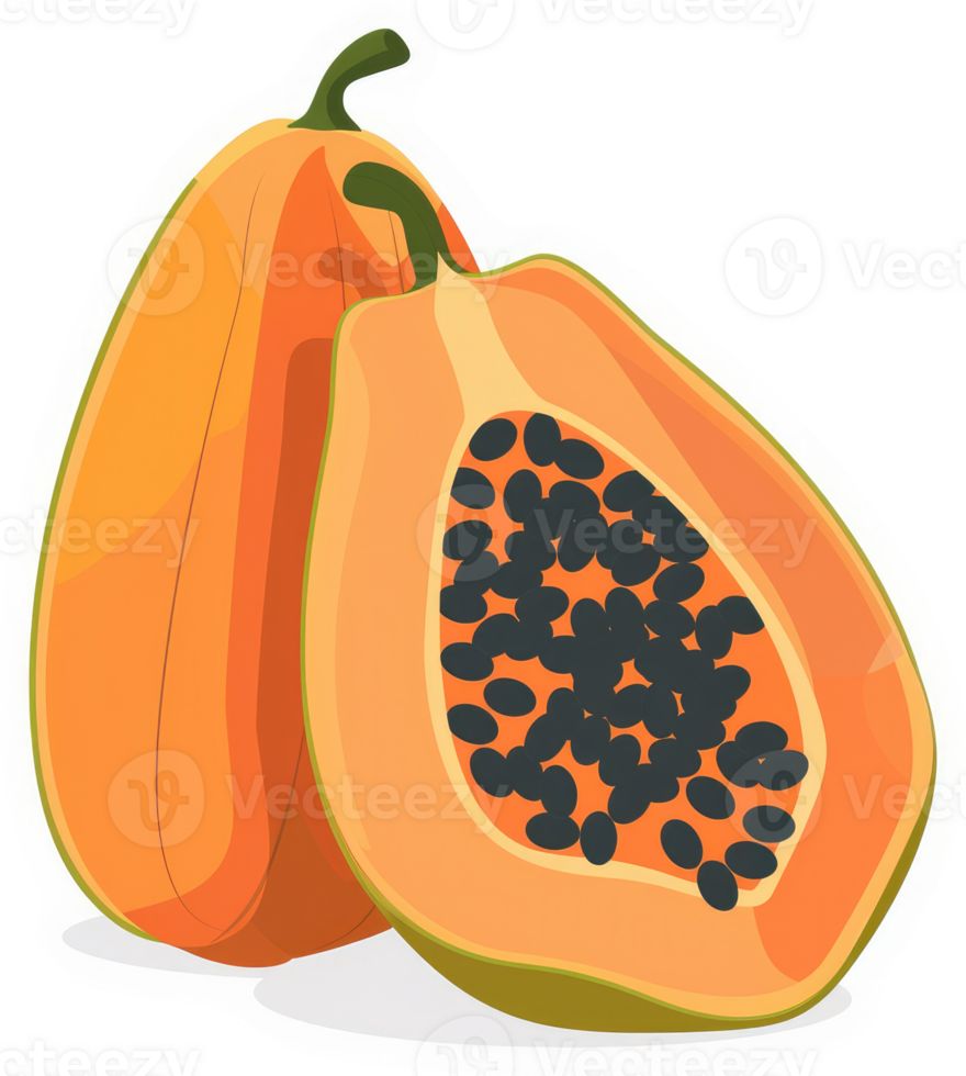 A vibrant illustration of a whole and halved papaya fruit. png