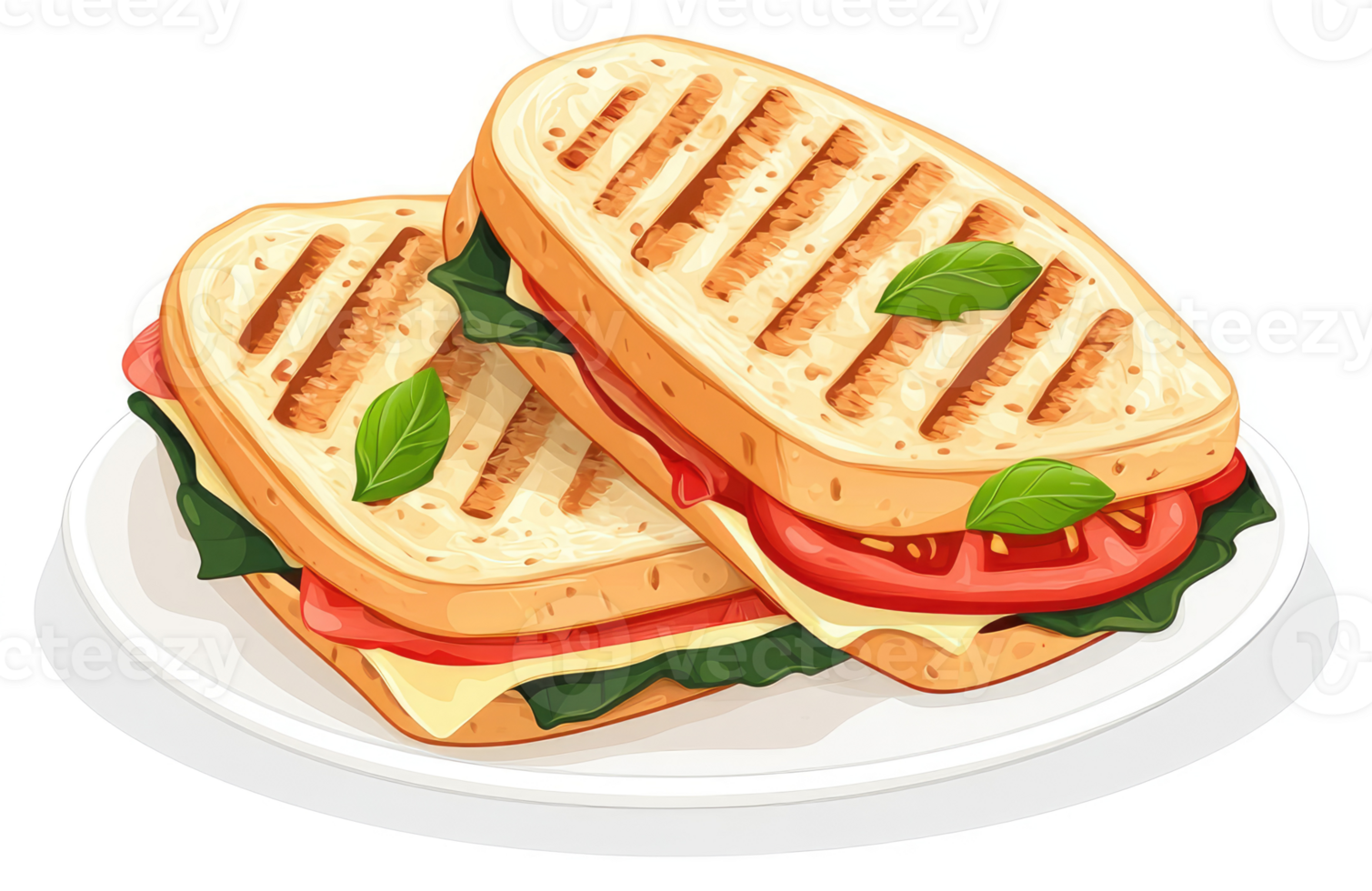 Two grilled cheese sandwiches with tomato, spinach, and basil. png